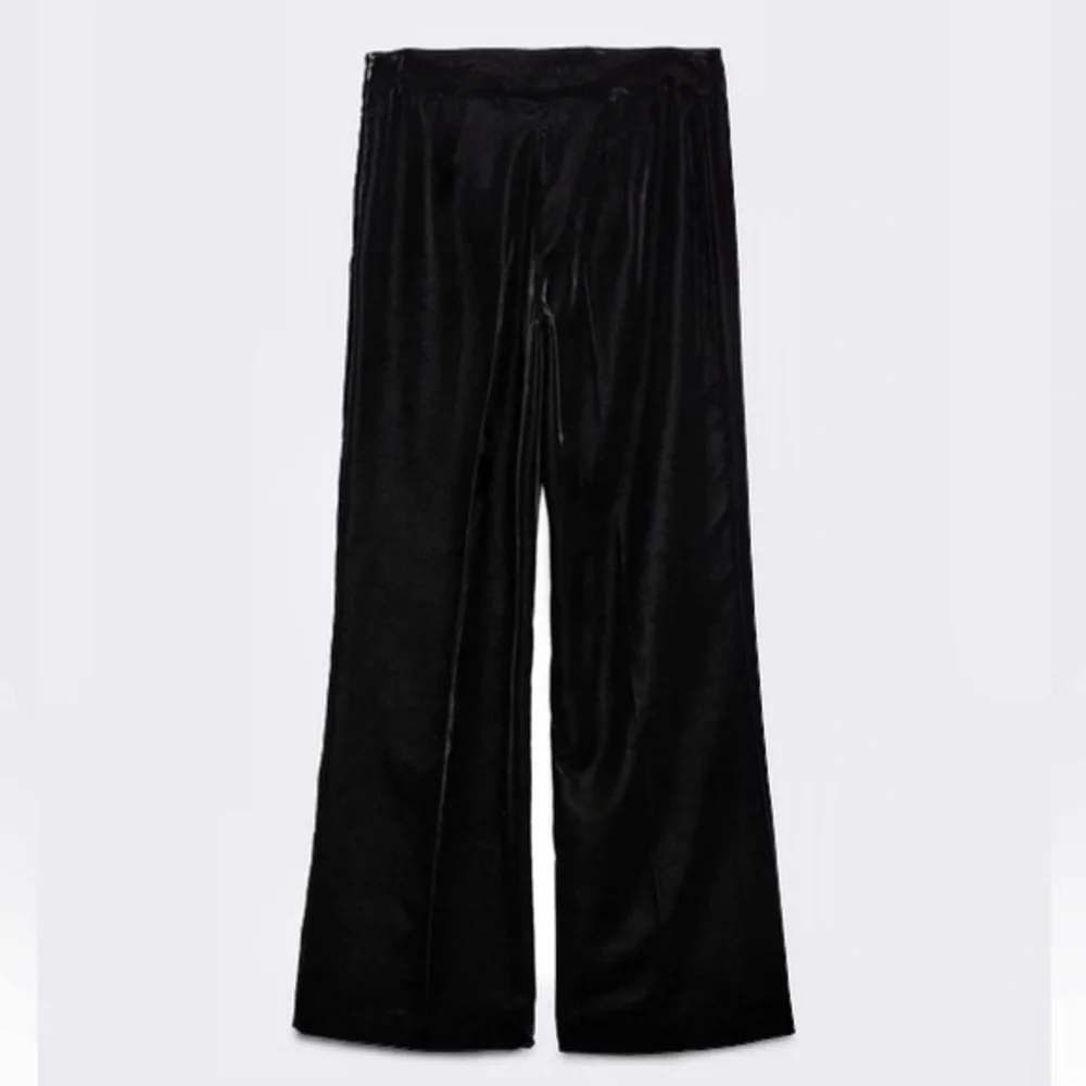 Zara NWT velvet velour black wide leg trouser pants side zip closure